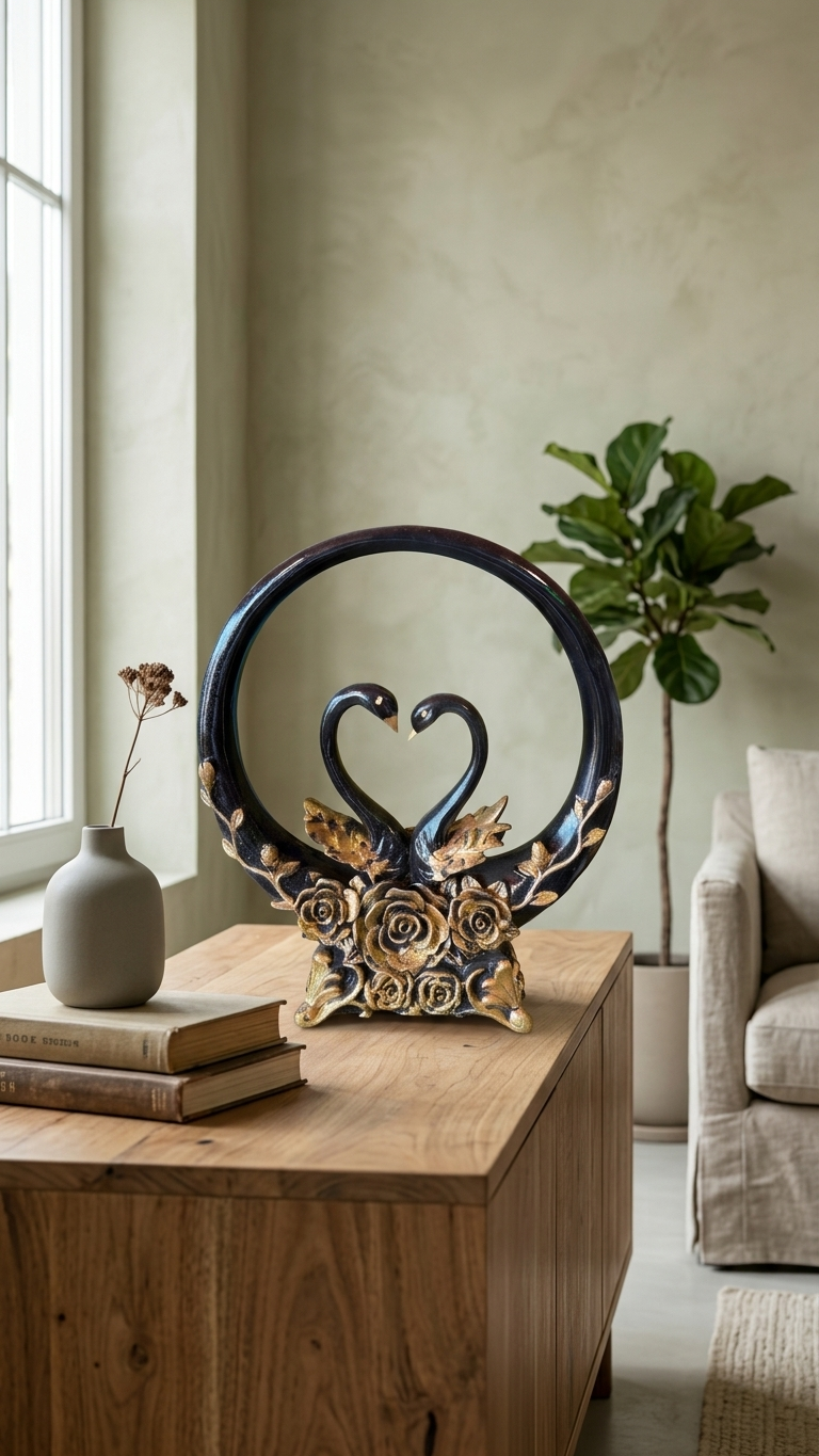 Elegant Black Swan Couple Showpiece with Floral Ring | Vastu Decor for Love, Harmony & Positive Energy