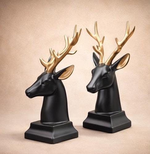 Luxury Black Deer Head Statue with Golden Antlers – Modern Resin Home Décor Showpiece (Set of 2)