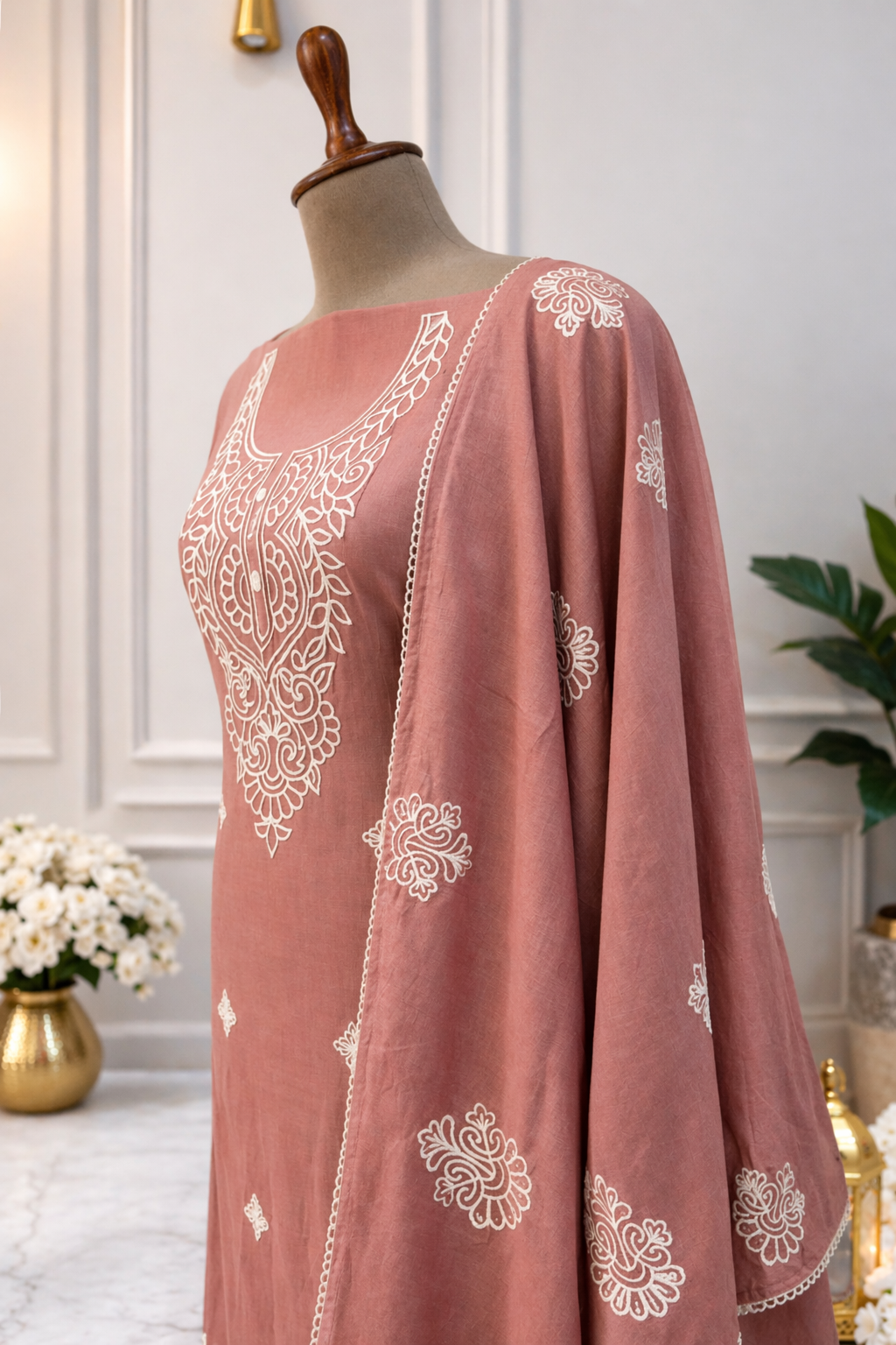 dusty rose embroidered suit set India with dupatta embroidered