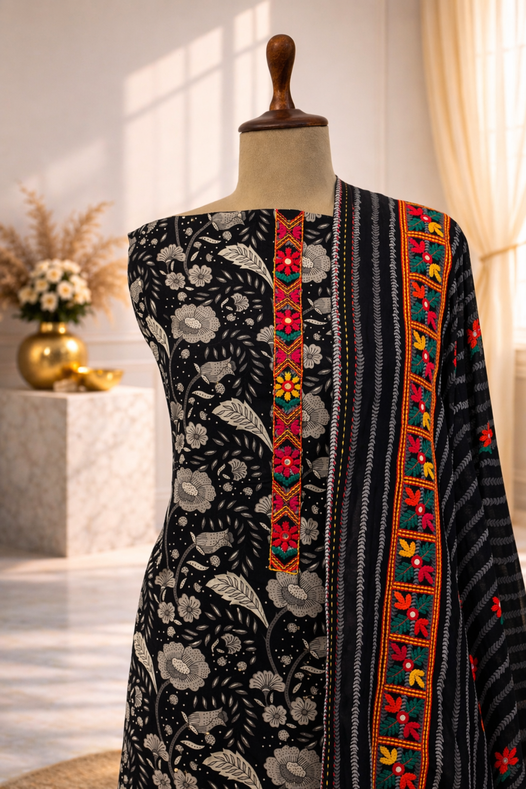 indo fusion ethnic suit set black floral designer suit set