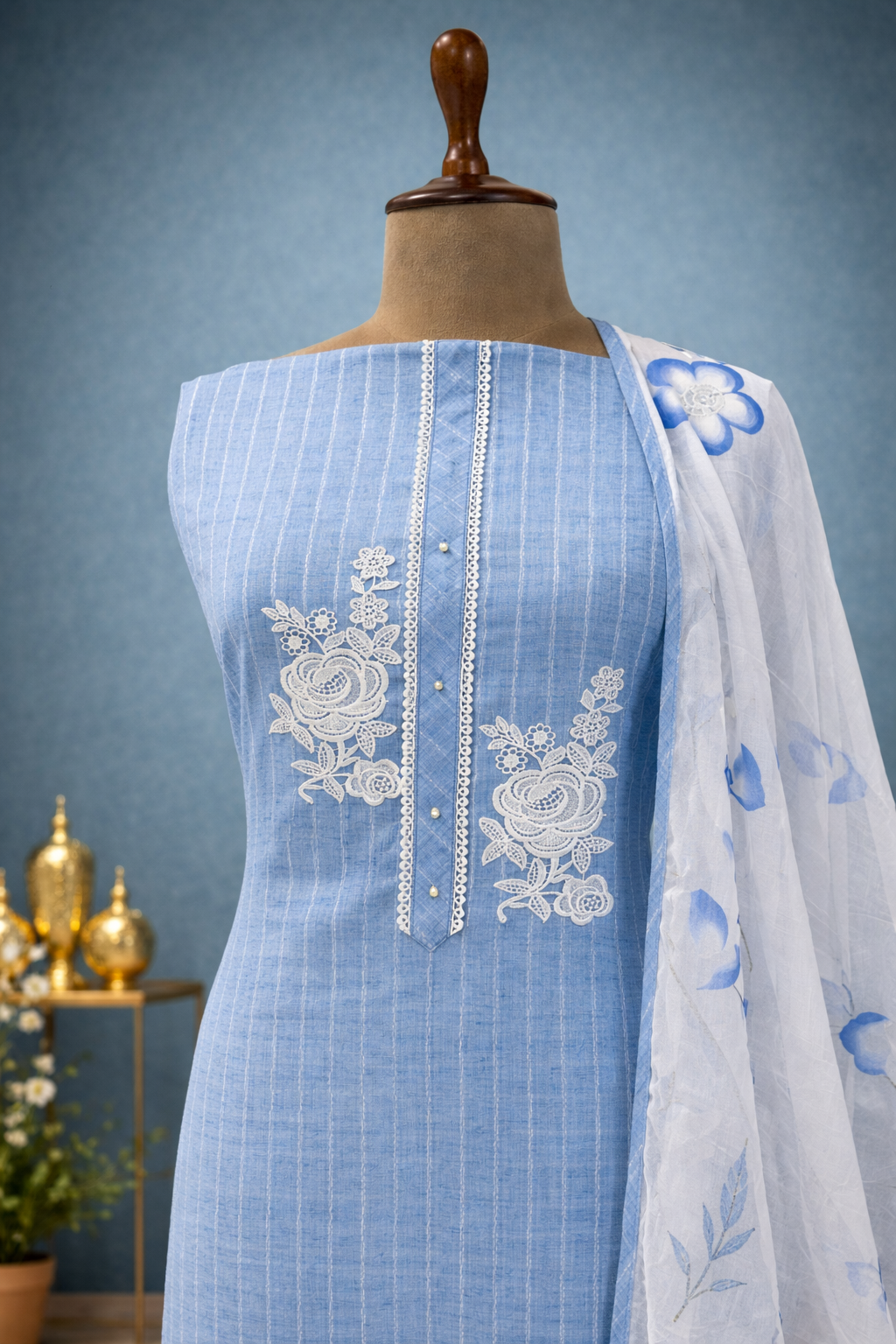office wear ethnic blue embroidered designer suit set outfit women