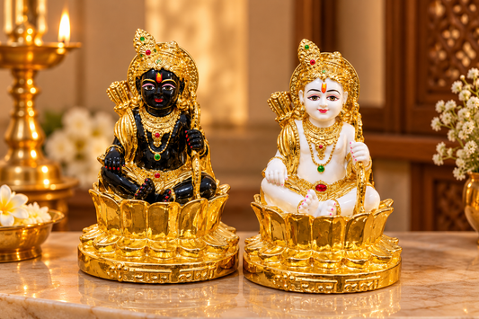 Handcrafted Premium Resin Ram Lalla Idol Set (Black & White) on Lotus Base