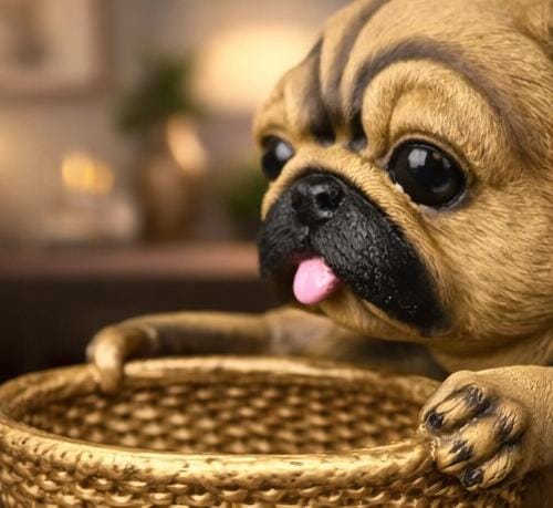 Cute Pug Dog Showpiece with Basket – Resin Animal Figurine Storage Tray for Home & Table Decor