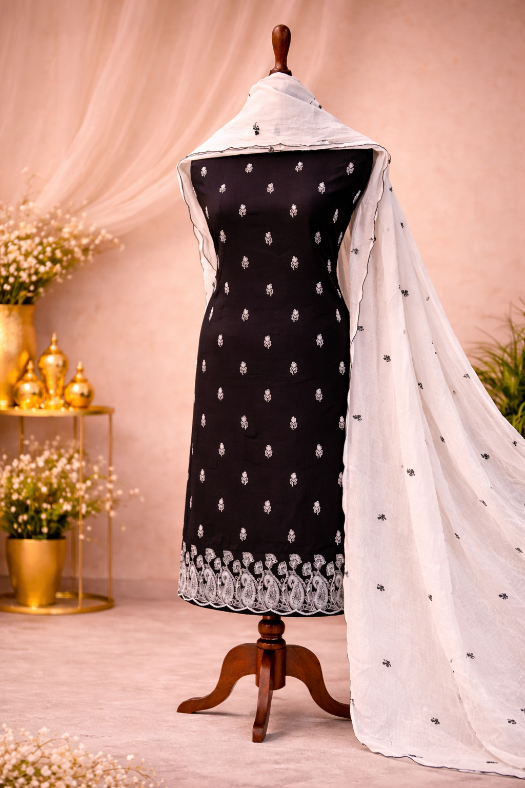 premium ethnic suit with dupatta black and white embroidered suit set
