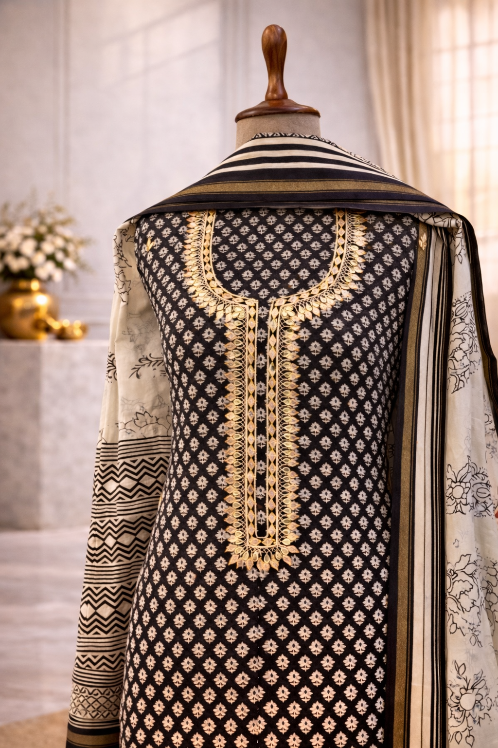 unstitched black and white embroidered suit set India elegant wear