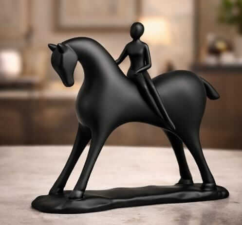 minimalist black horse rider sculpture modern equestrian home decor figurine India black horse rider sculpture home decor India