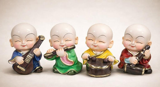Set of 4 Smiling Monk Musicians Figurines – Colorful Ceramic Buddhist Decor for Home, Office & Gift Display
