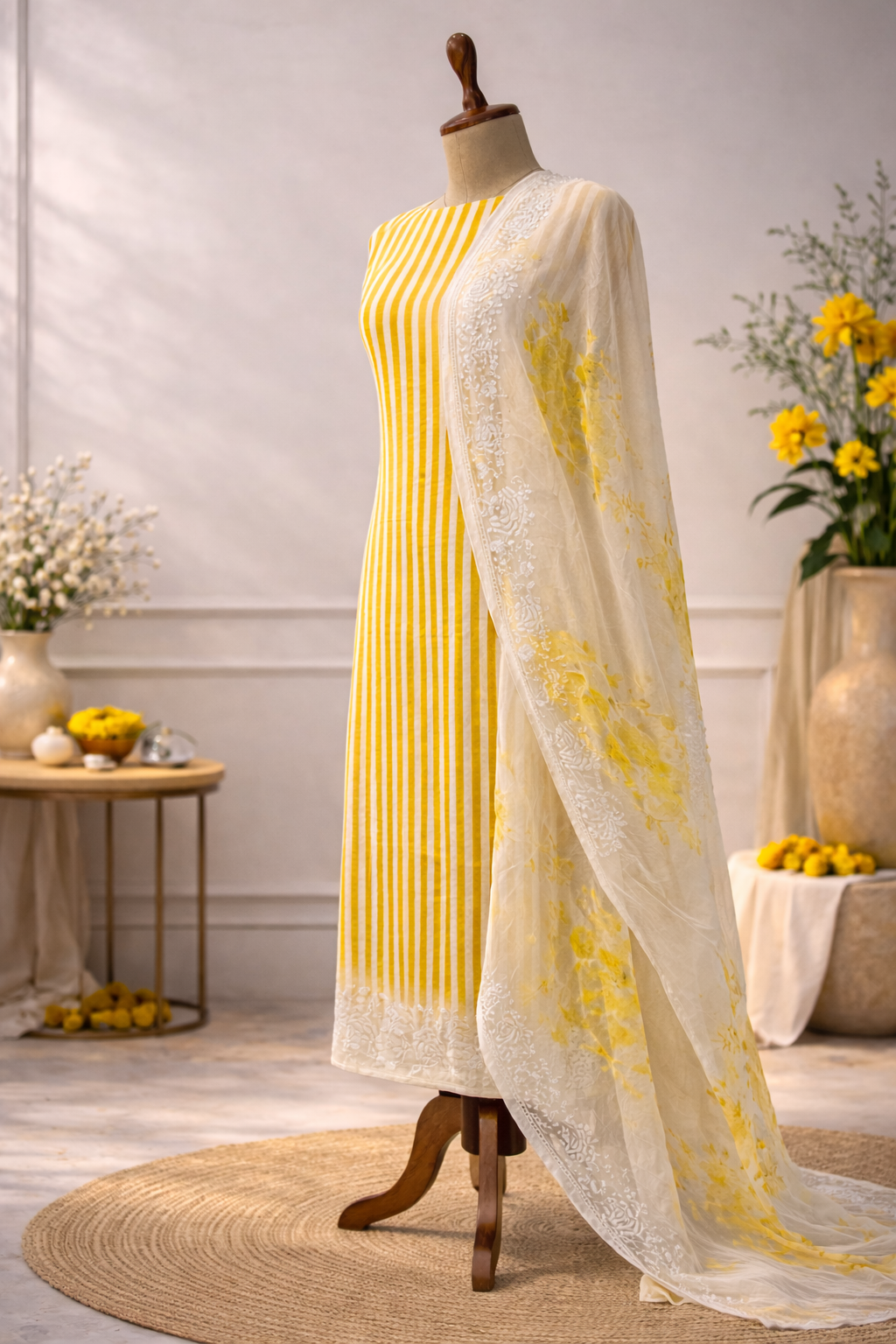 summer cotton ethnic suit set India yellow striped designer suit set