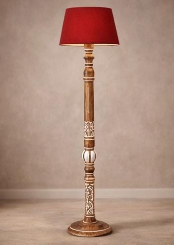 handcrafted wooden floor lamp red fabric shade vintage standing lamp living room bedroom decor India wooden floor lamp for living room India