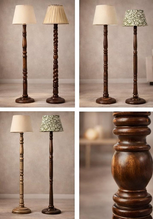 handcrafted wooden floor lamp fabric shade vintage standing lamp living room bedroom decor India wooden floor lamp for home decor India