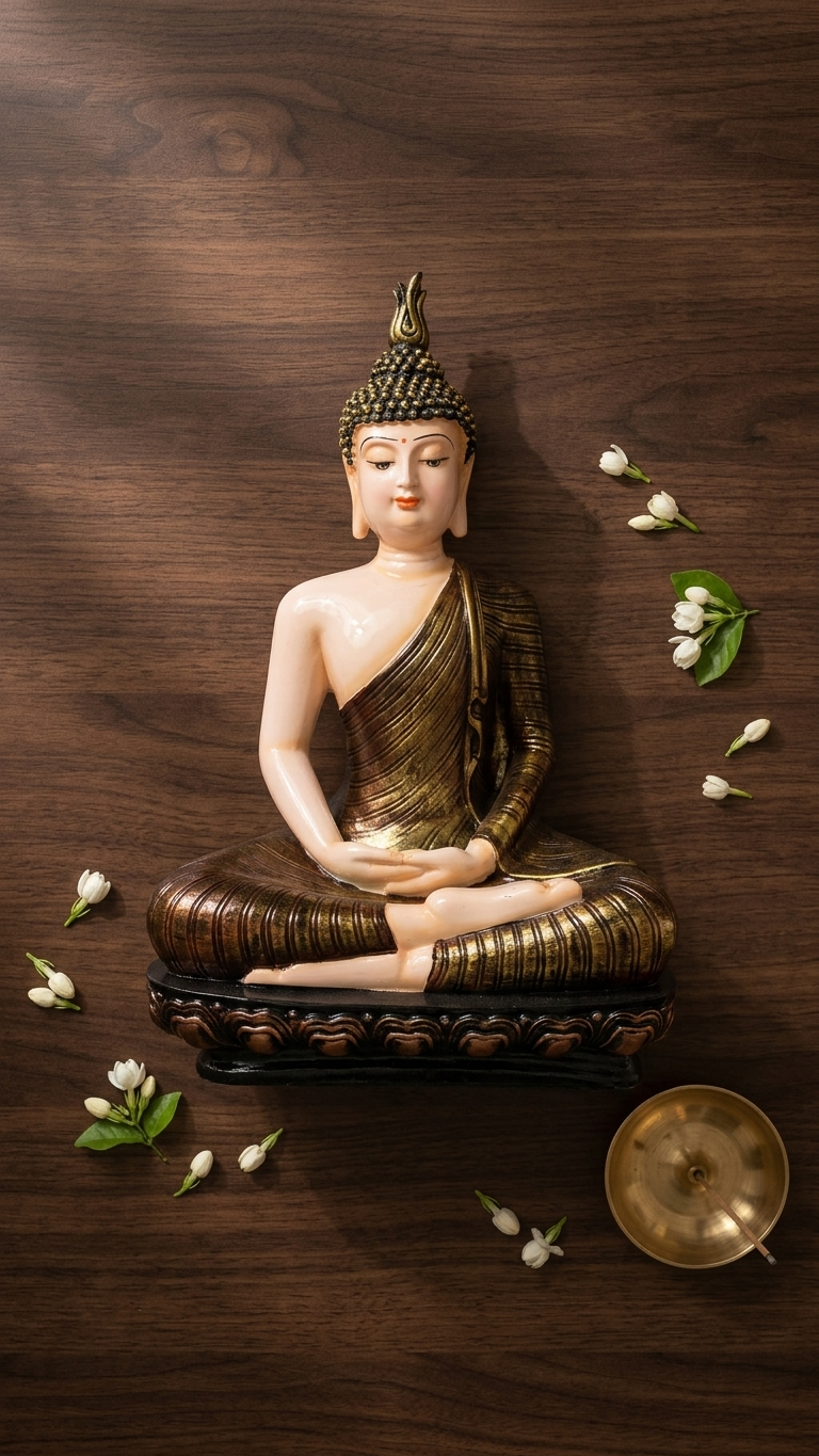 Handcrafted Meditating Buddha Idol for Home Decor – Premium Beige & Antique Gold Resin Statue | Made in India