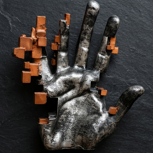 Metallic hand sculpture with orange accents on a dark gray background