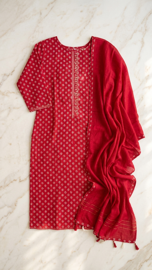red cotton suit set with dupatta
