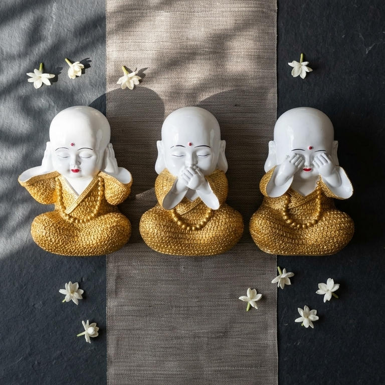 Handcrafted Royal White & Gold Three Wise Monk