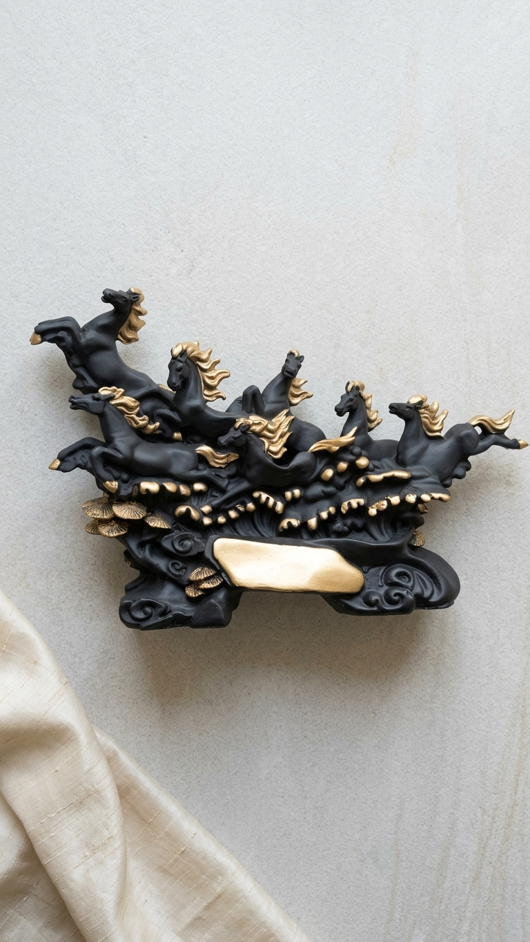 Handcrafted Seven Running Horses Showpiece – Premium Black & Gold Vastu Home Decor Sculpture