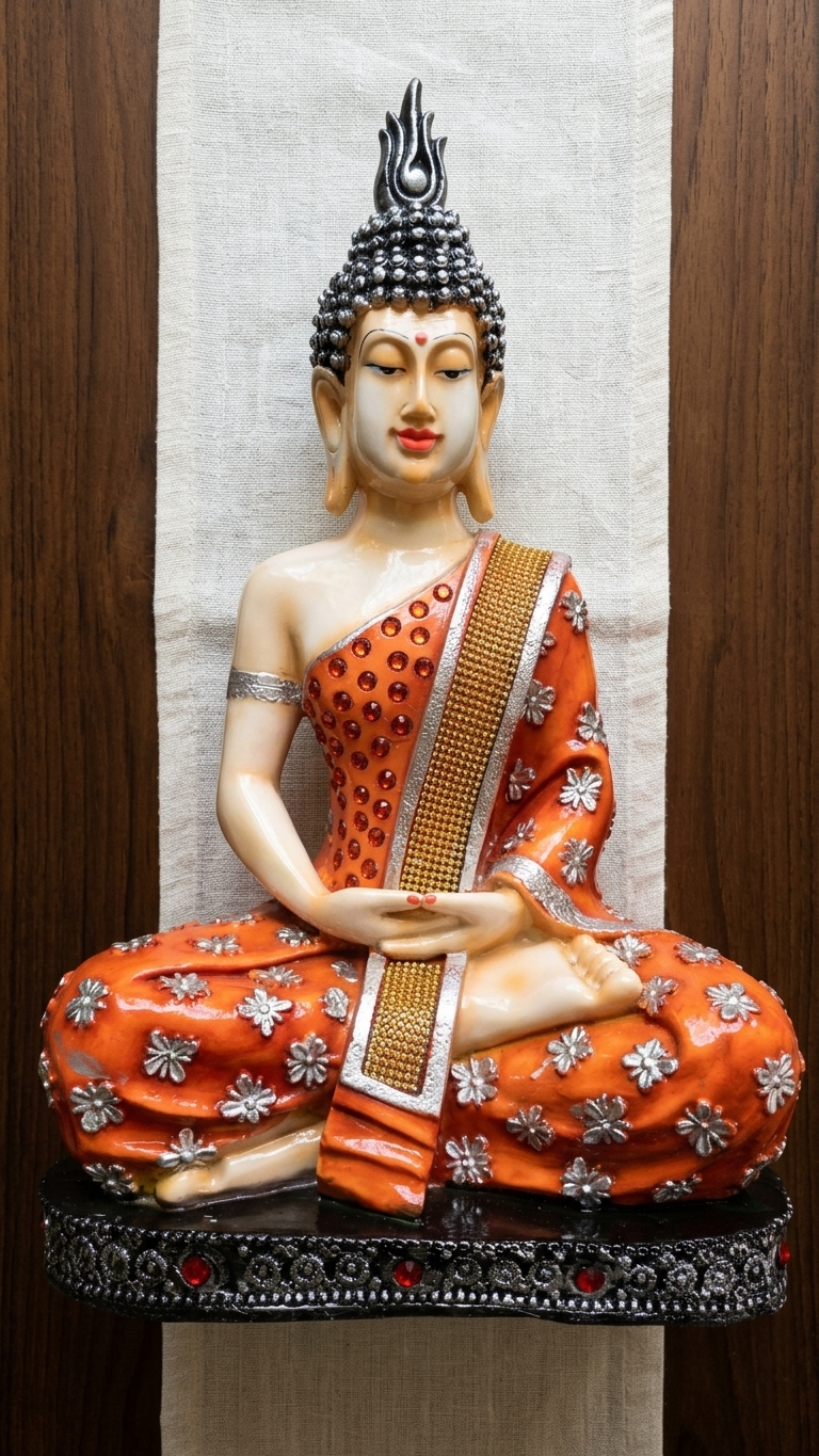 Handcrafted Orange Meditating Buddha Idol with Silver Floral Robe | Premium Resin Showpiece for Home Decor & Meditation