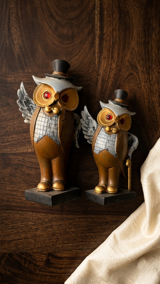 Handcrafted Gentleman Owl Showpiece Pair – Victorian Owl Couple
