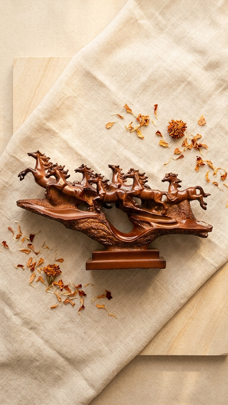Handcrafted Galloping Seven Horses Showpiece on Rustic Cliff – Premium Resin Vastu Decor