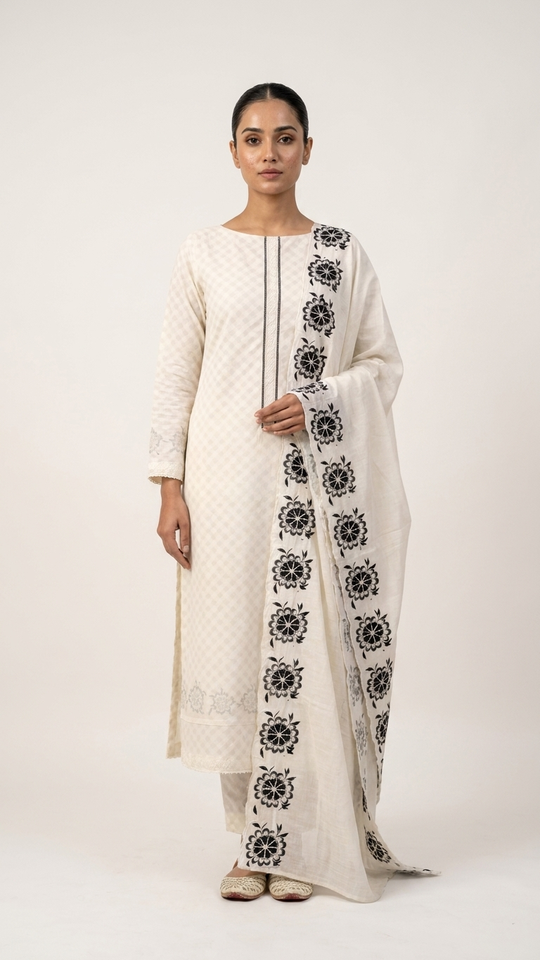 off white embroidered unstitched suit set