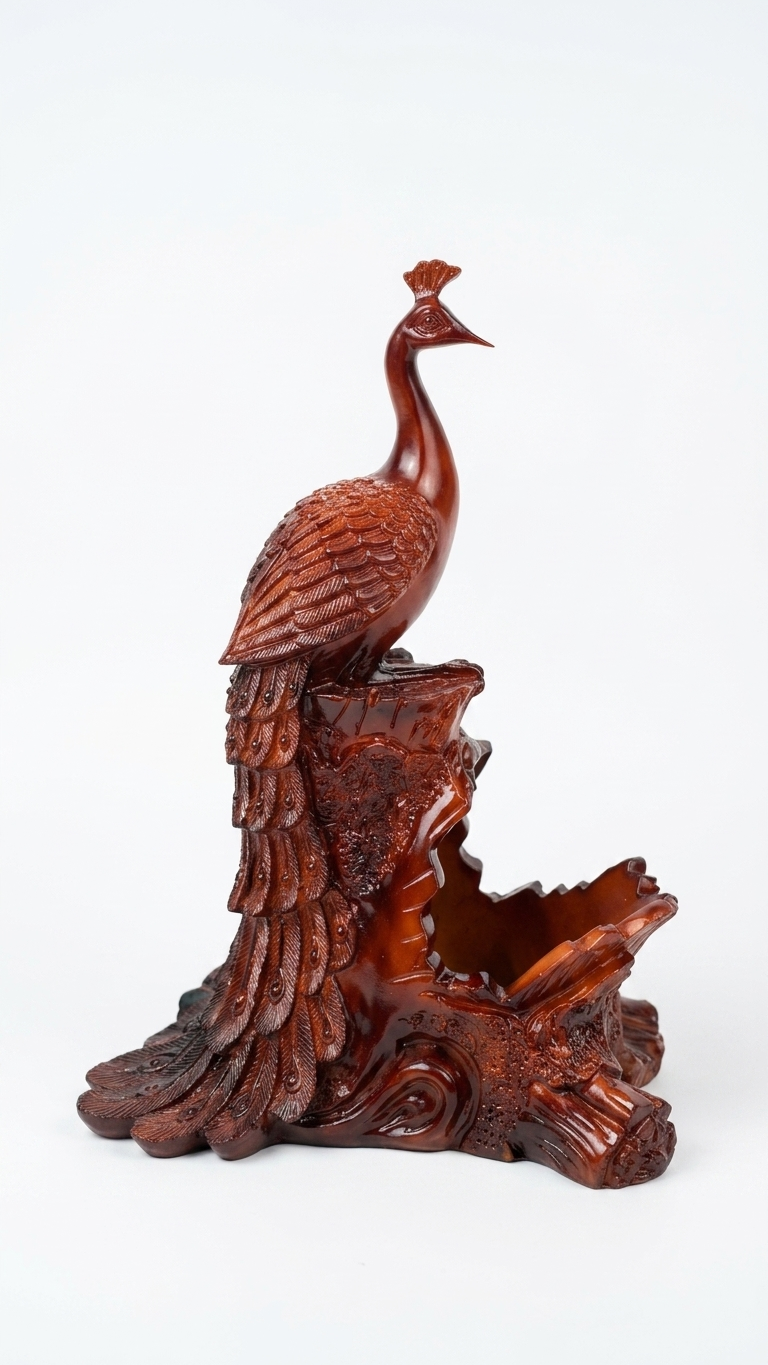 Handcrafted Resin Peacock Holder with Wood Finish – Elegant Decorative Organizer