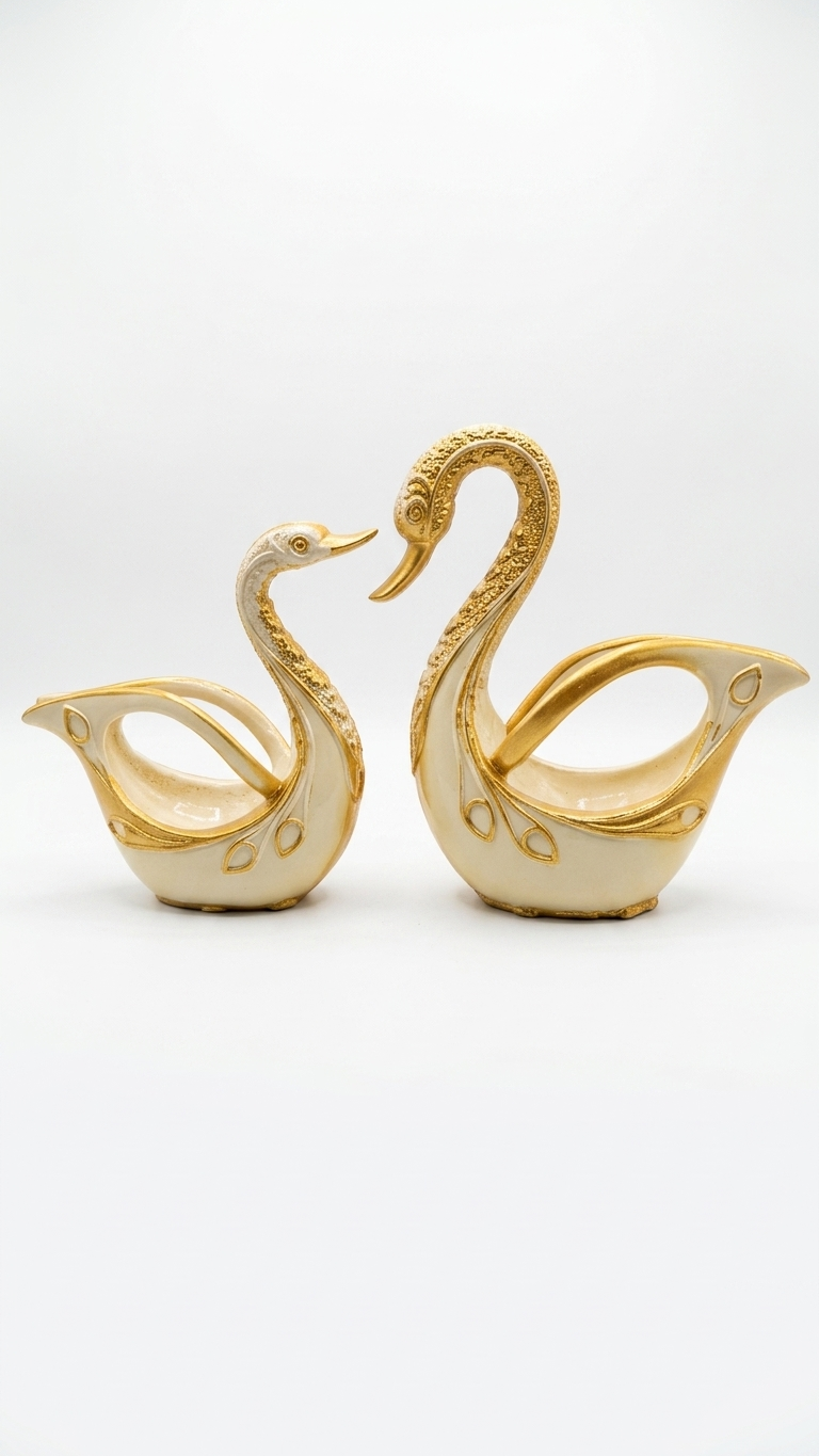 Handcrafted Ivory Gold Imperial Swan Showpiece Pair | Premium Resin Home Decor