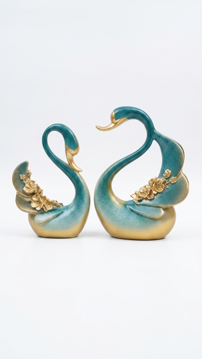 Handcrafted Teal Golden Swan Showpiece Set | Premium Resin Couple Sculpture