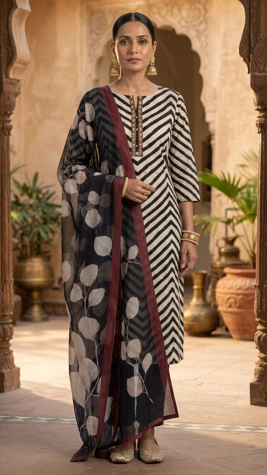 Black and White Designer Suit Set with Dupatta –Modern Ethnic Wear