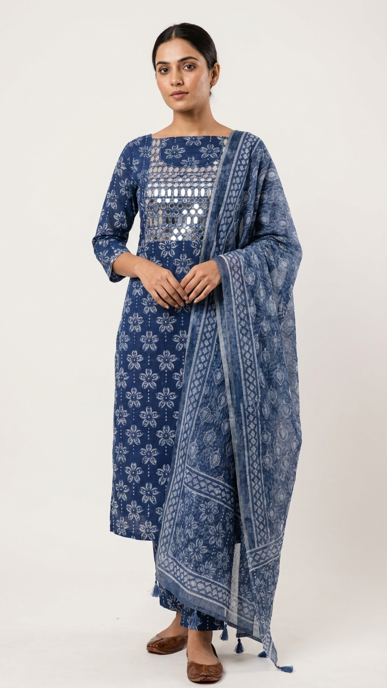 indigo mirror work unstitched suit set