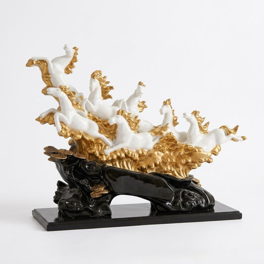 Handcrafted Running Horse Sculpture -White & Gold with Decorative Base