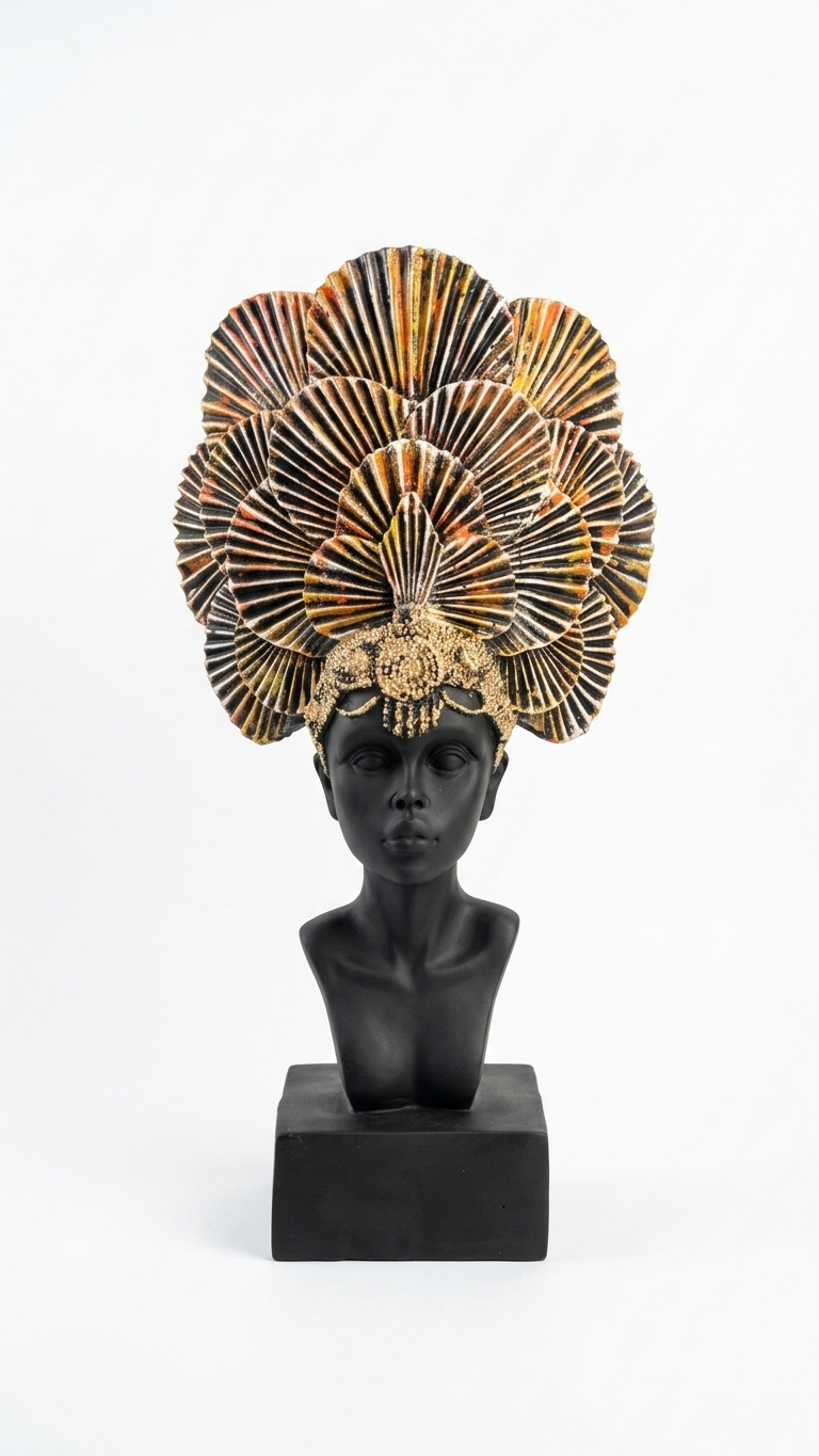 Handcrafted Tribal Lady Bust Sculpture with Decorative Fan Crown – Premium Resin Art Showpiece