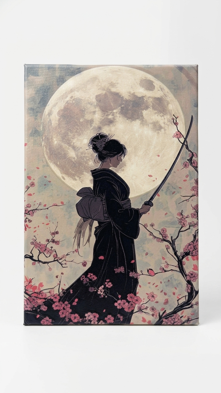 Japanese Samurai Moon Canvas Wall Art