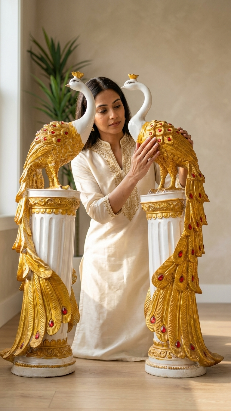 Handcrafted Golden Peacock Showpiece Set on Marble-Style Pillars – Luxury Home Decor Pair