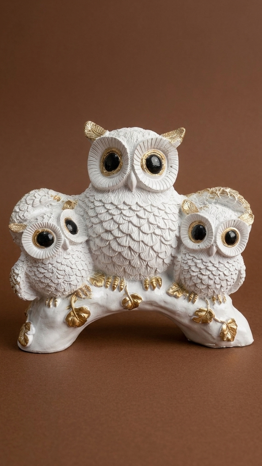 Handcrafted White Owl Family Showpiece with Gold Accents | Premium Made in India Home Decor