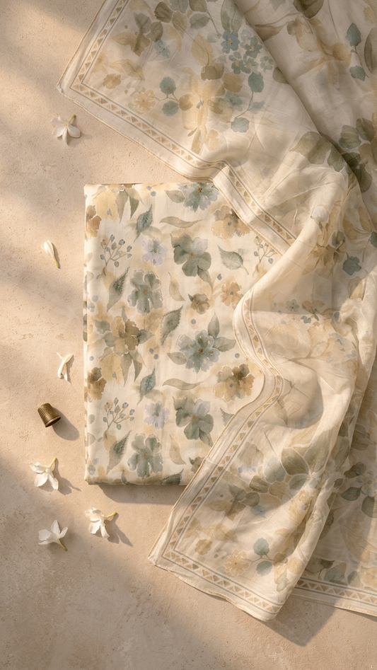 Sage Green Floral Suit Set with Dupatta – Pastel Ethnic Wear India
