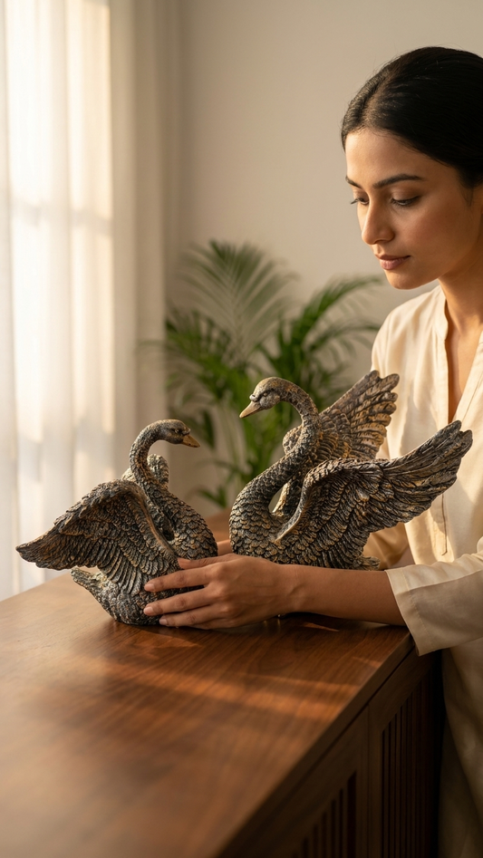 handcrafted swan pair showpiece