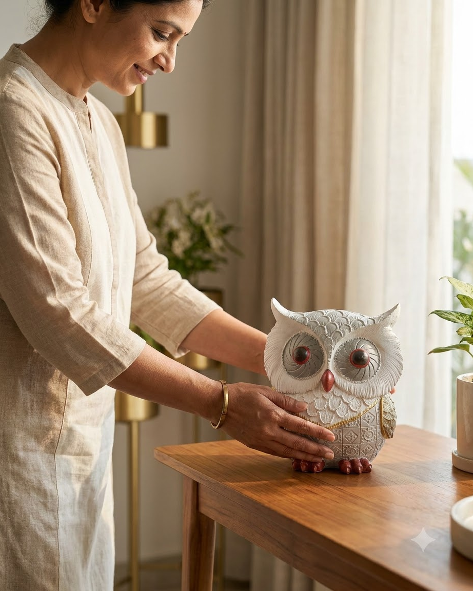 White Gold Owl Showpiece for Home Decor
