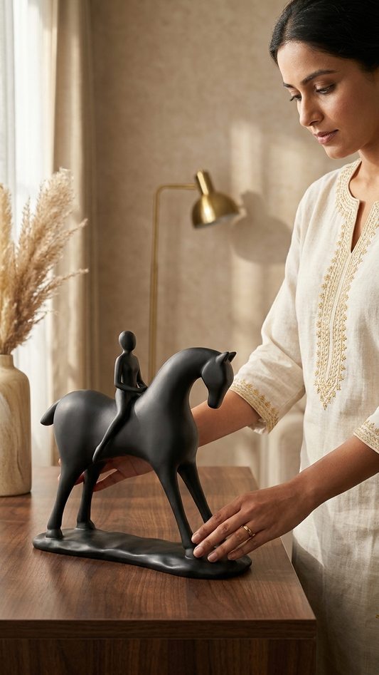 Black horse rider sculpture home decor India – Modern Equestrian Home Decor Figurine India