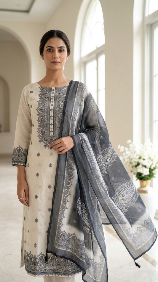 White Grey Embroidered Designer Suit Set with Dupatta – Ethnic Wear