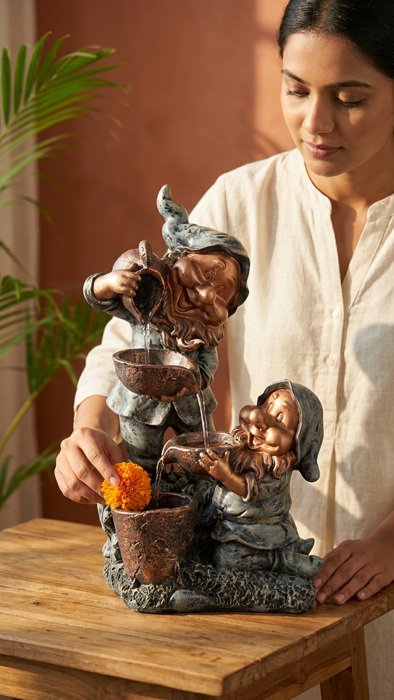 Handcrafted Garden Gnome Water Fountain Showpiece – Premium Resin Tabletop Decor