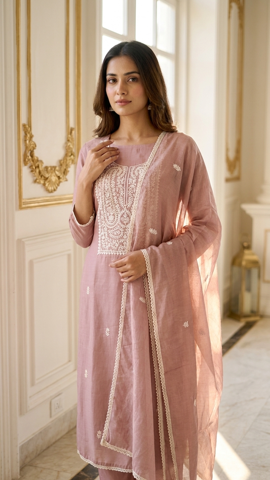 Dusty Rose Embroidered Suit Set with Dupatta – Elegant Ethnic Wear