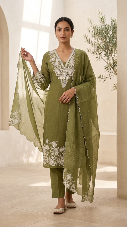 Olive Green Embroidered Suit Set with Dupatta – Elegant Ethnic Wear