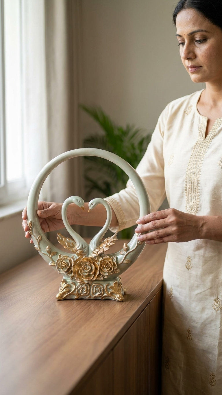 Handcrafted Swan Couple Showpiece with Floral Ring – Premium Resin Home Decor | Made in India