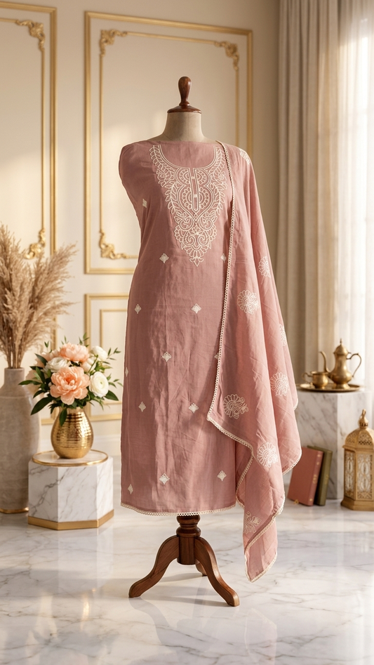 Blush Pink Embroidered Suit Set with Dupatta – Elegant Ethnic Wear
