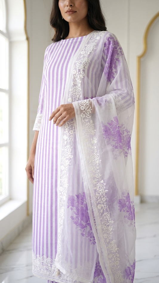 Lavender Striped Designer Suit Set with Floral Dupatta – Ethnic Wear
