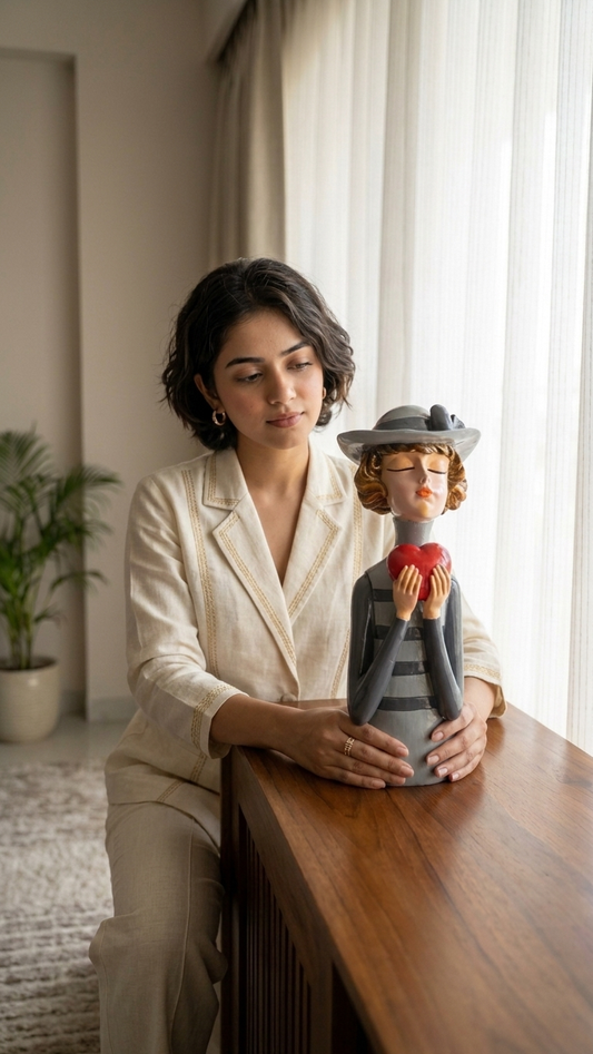 Handcrafted Lady Holding Heart Showpiece – Premium Resin Home Decor Figurine