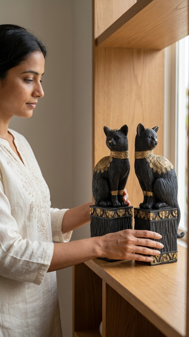 Handcrafted Black Cat Showpiece Set – Decorative Resin Sculpture (Set of 2)