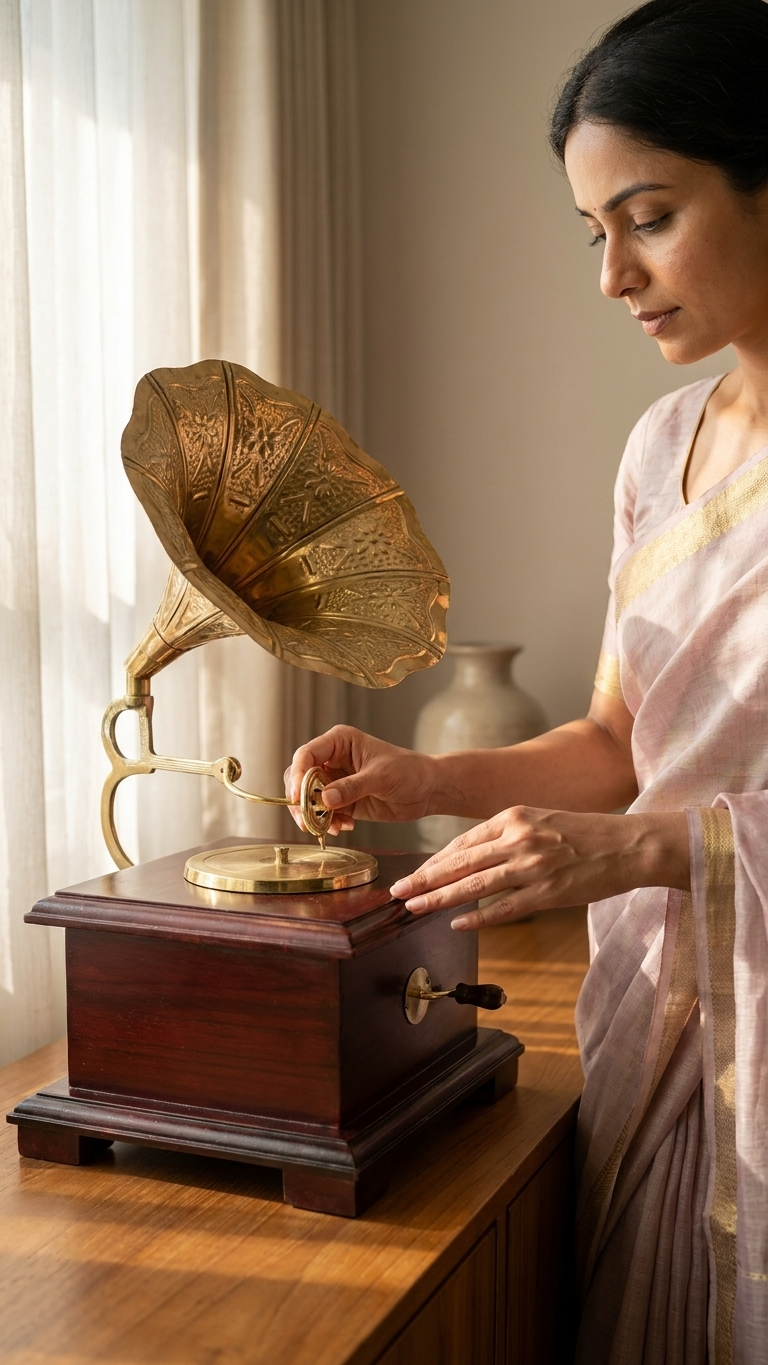 Handcrafted Vintage Gramophone Showpiece – Premium Antique Brass & Wooden Table Decor | Made in India