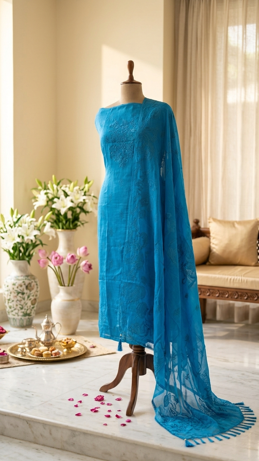 blue embroidered unstitched suit set