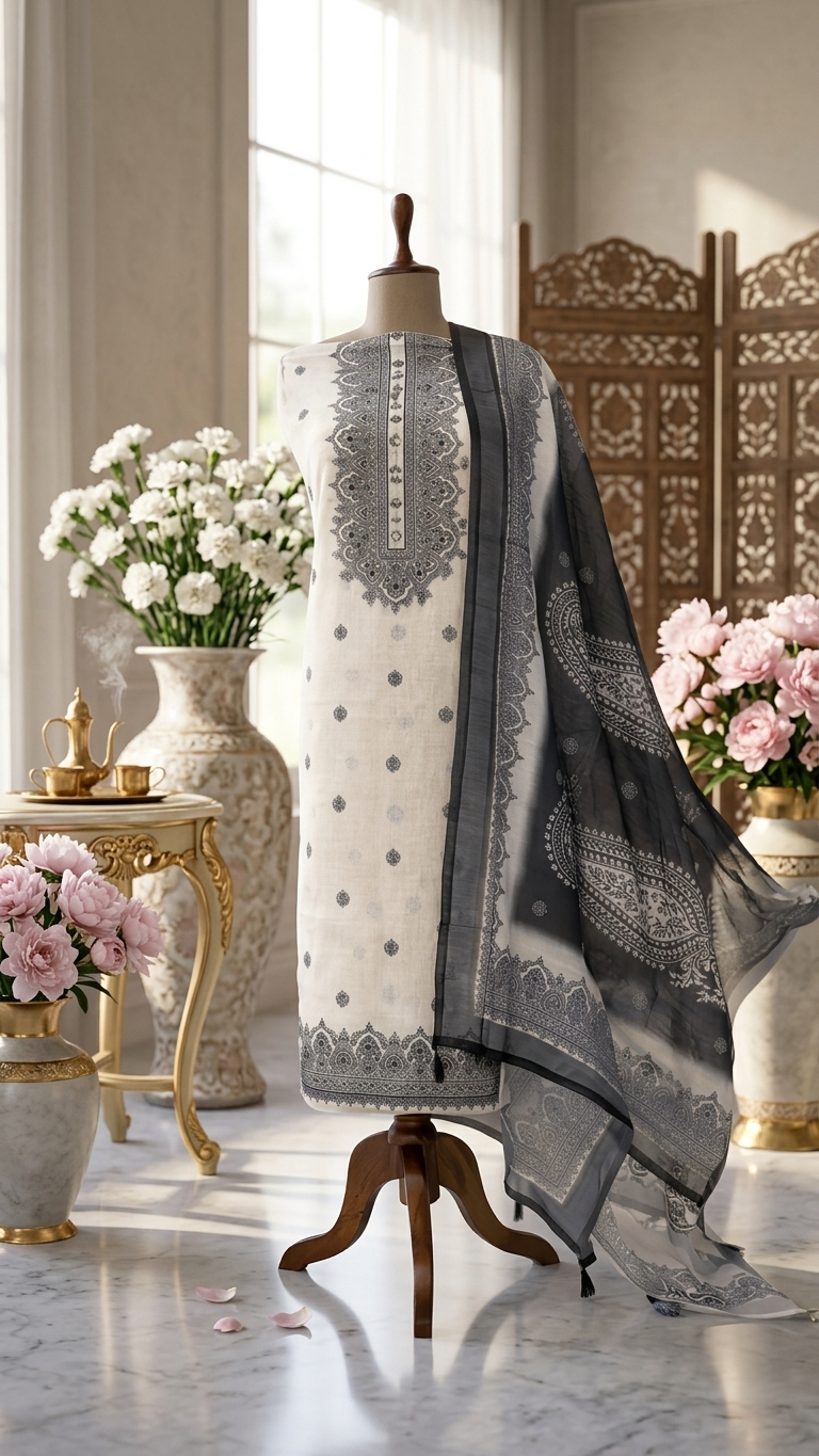 White Grey Embroidered Designer Suit Set with Dupatta – Ethnic Wear
