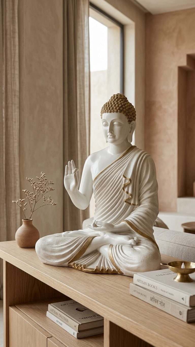 Handcrafted White Buddha Idol with Golden Accents – Premium Meditation Statue for Home Decor & Gifting